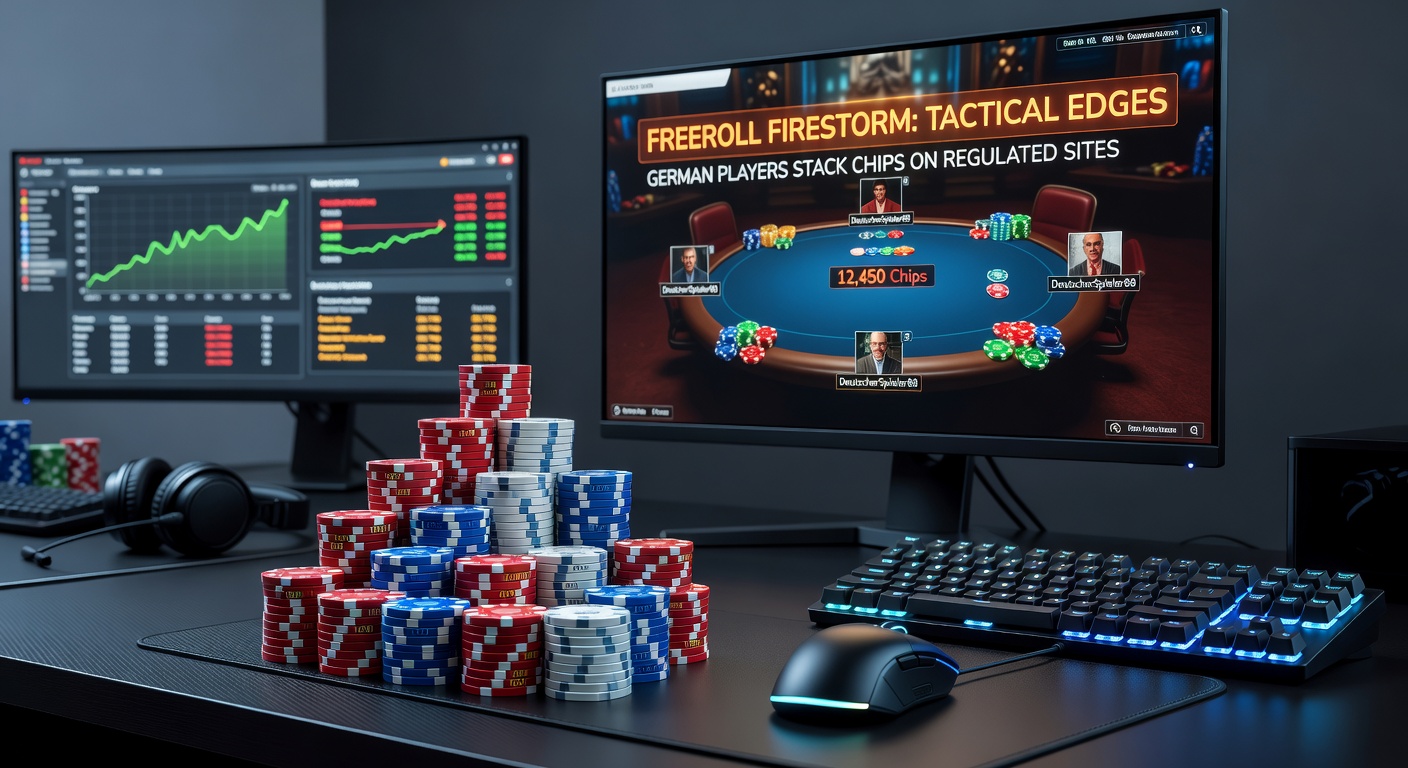 Deutsche Poker-Spieler am Tisch bei einem intensiven Freeroll-Turnier auf einer regulierten Plattform, Stapel von Chips im Vordergrund