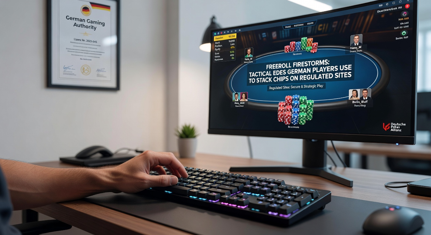 Nahaufnahme eines Poker-Tisches mit deutschen Flaggen-Elementen und wachsenden Chip-Stacks während eines Freeroll-Finaltables