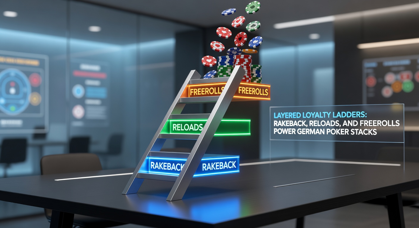 Grafik einer aufsteigenden Leiter mit Poker-Chips und Bonus-Symbolen, die gestufte Treueprogramme in Online-Poker darstellt