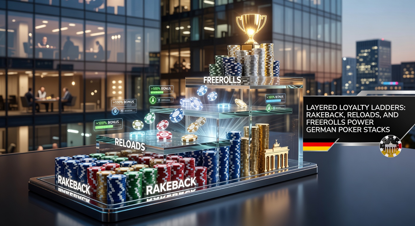 Detaillierte Infografik zu Rakeback-Prozentsätzen und Reload-Boni-Stufen für deutsche Poker-Plattformen, mit Chip-Stapeln und Leiter-Symbolik