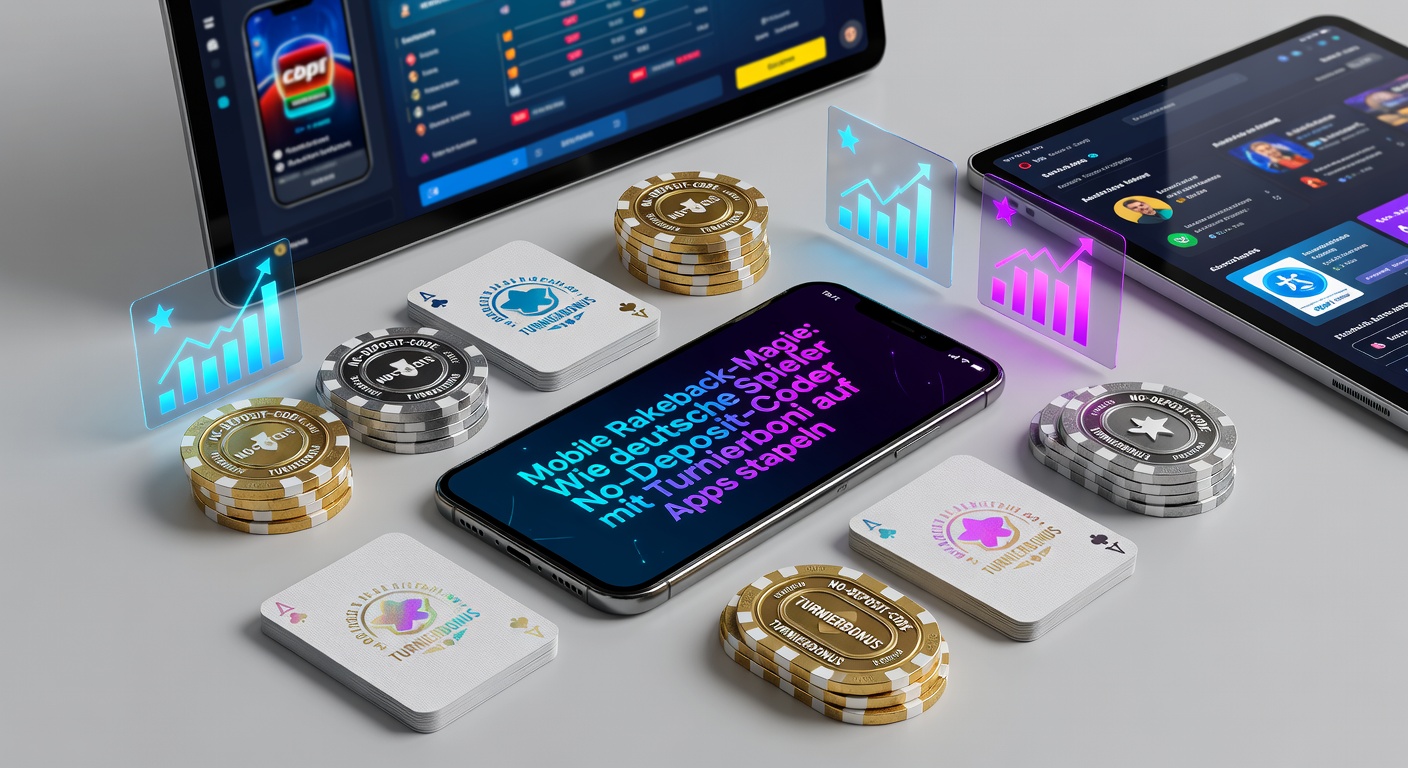 Smartphone mit Poker-App im Vordergrund, Stapel von Bonus-Chips und Rakeback-Symbolen daneben