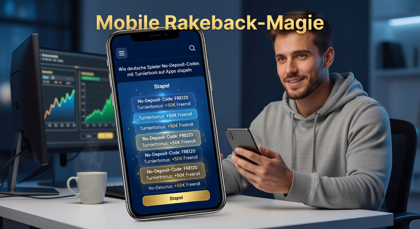 Grafik mit gestapelten Poker-Chips, No-Deposit-Code-Eingabe auf App-Bildschirm und Rakeback-Pfeilen