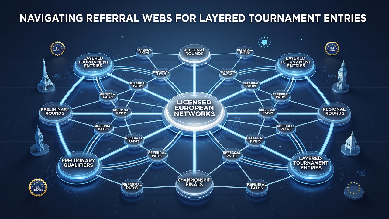 Illustration von Referral-Strukturen in europäischen Poker-Netzwerken mit gestaffelten Turnieroptionen