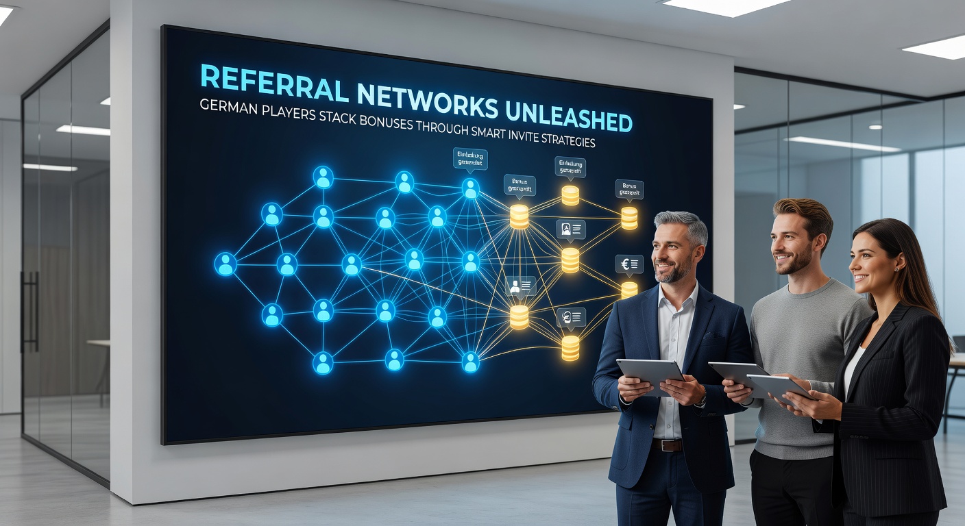 Grafik zeigt wachsende Referral-Netzwerke mit Bonus-Stacks und deutschen Flaggen im Hintergrund
