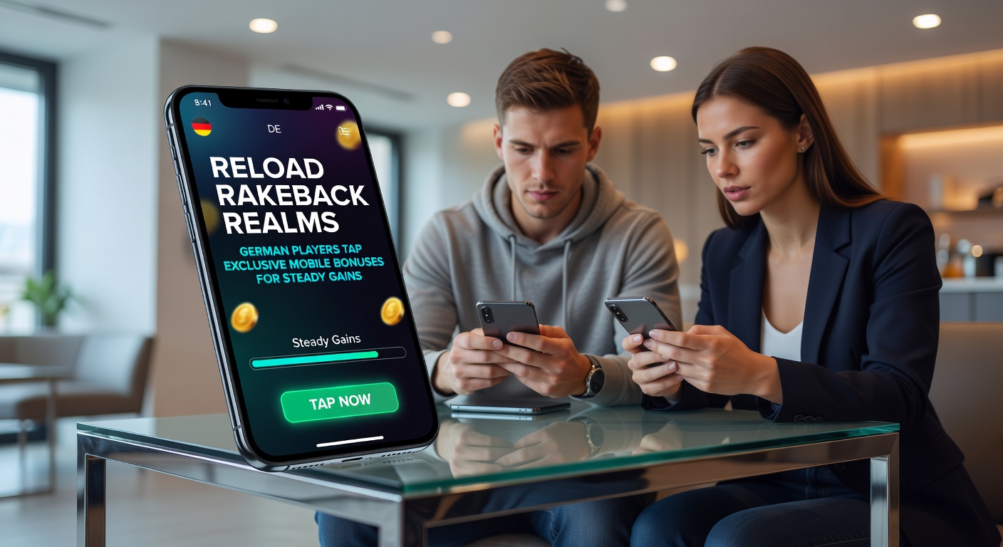 Deutscher Spieler am Smartphone mit Poker-App und Reload-Bonus-Anzeige, symbolisiert konstante Gewinne durch Rakeback-Deals